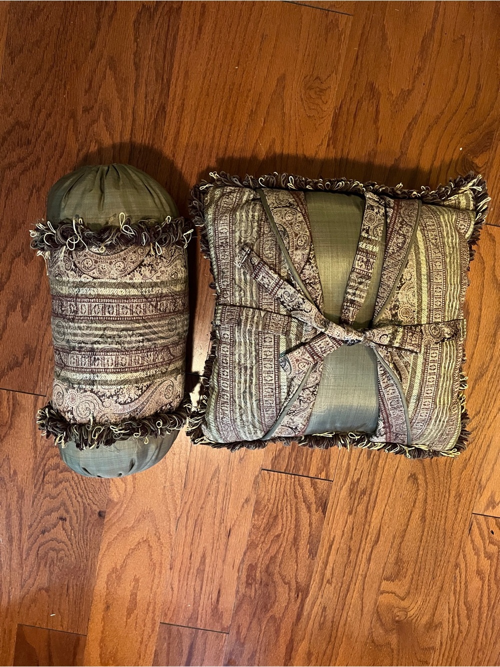 Croscill Classic Damask Golden Tangier Pillows Neckroll and Square Olive/Burgund